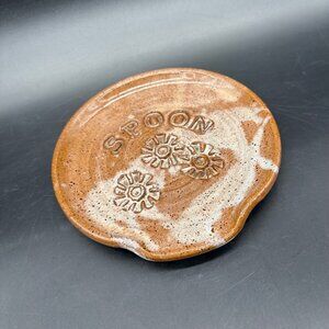 Vintage Art Pottery Spoon Rest Flower Power Daisy Stoneware Brown Drip Glaze